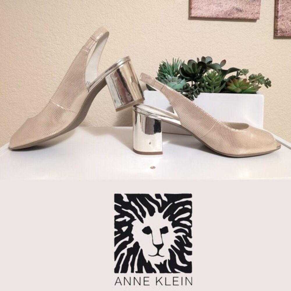 Anne Klein Slingback Open Toe Leather Chunky Heel Pale Gold, Sz 8.5 NWOT